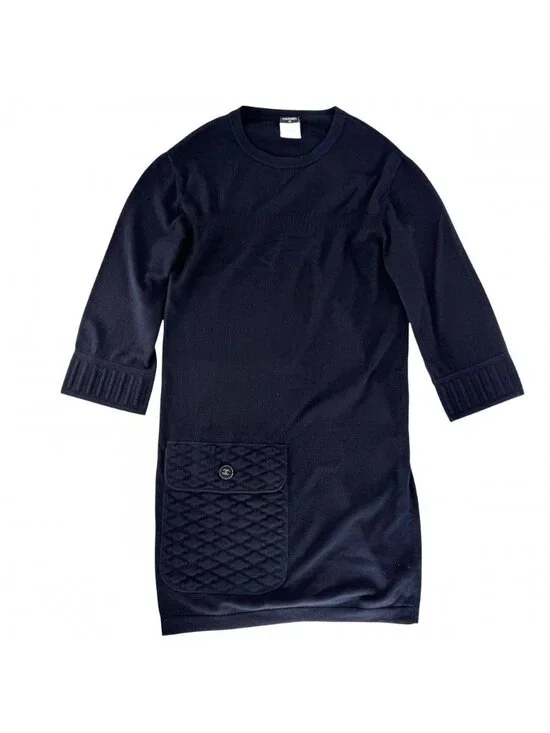Chanel Dress Coco Button Knit Long Sleeve Pocket 36 Navy Cashmere Nylon Spandex