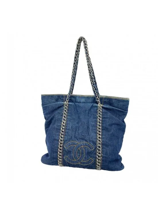 Chanel Chain Tote Denim Navy Silver