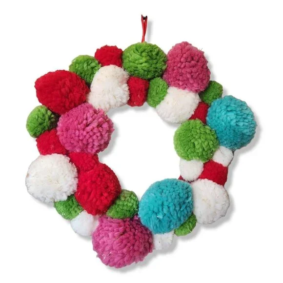 NEW Pom‎ Pom Christmas Wreath Colorful Cheerful 12
