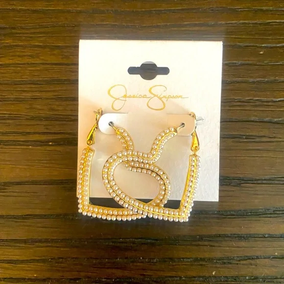 NEW Jessica Simpson gold pearl heart earrings