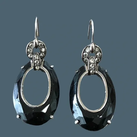Monet Black Faceted Oval‎ Drop Dangly Earrings Crystal Accents Wires Vintage