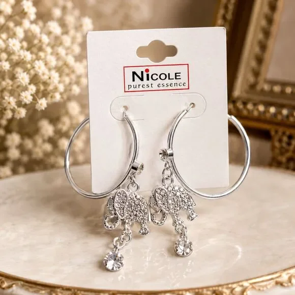 Silver Tone Elephant Hoop Earrings, Rhinestone Elephant Charm Earrings
