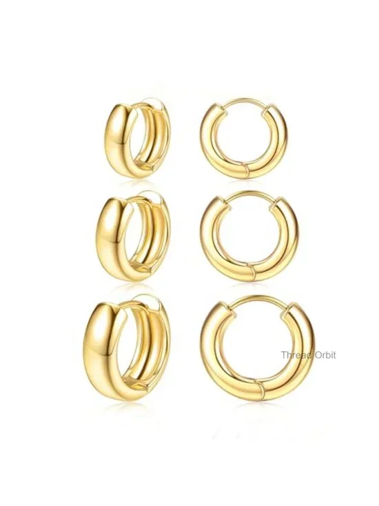 3 Pair Hypoallergenic 14K Gold Plated Chunky Hoop Earrings Set for Sensitive