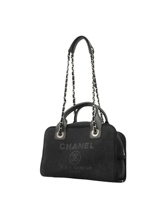 Chanel Handbag Deauville Canvas Black Silver 2-Way
