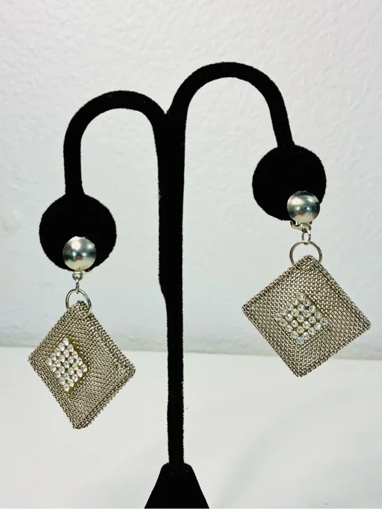 Art Deco Inspired Silver-Tone Mesh Diamond Drop Clip Earrings w/Crystal Cluster