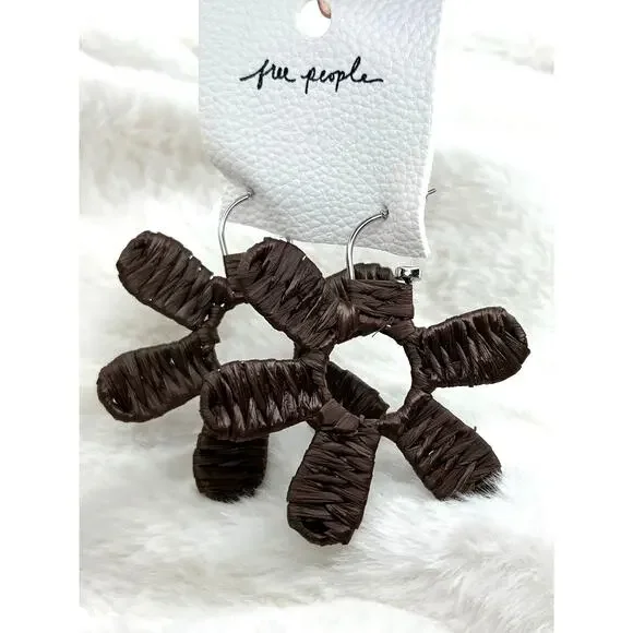 NWT Free People Wendy Woven Flower Hoop Earrings Chocolate Brown Boho Multi