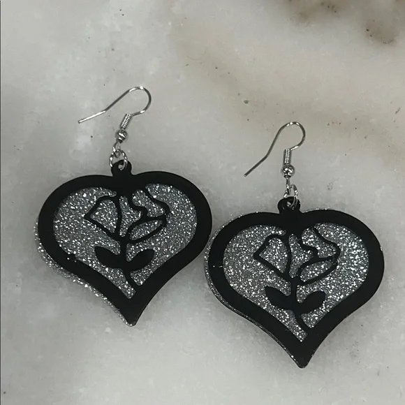 Sparkling Black and Silver Heart Earrings