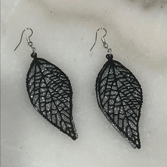 Chic Black and Silver Leaf Earrings