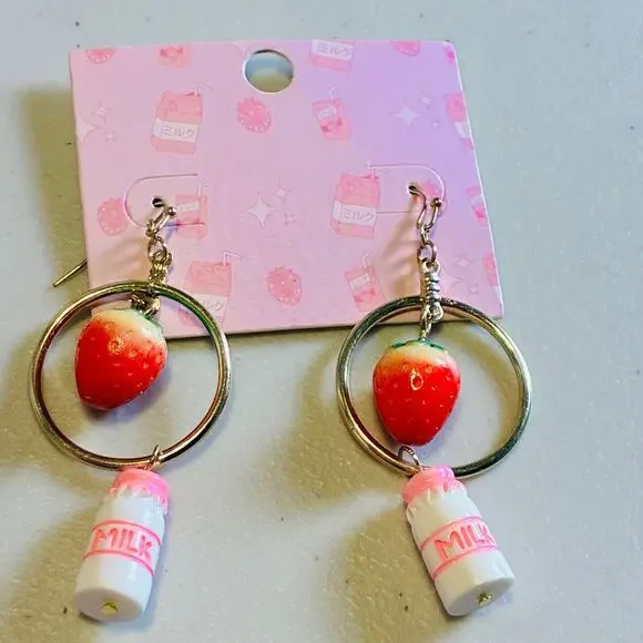 Kawaii Strawberry Milk Bottle Lolita Earrings Cute Pastel Harajuku Cottagecore