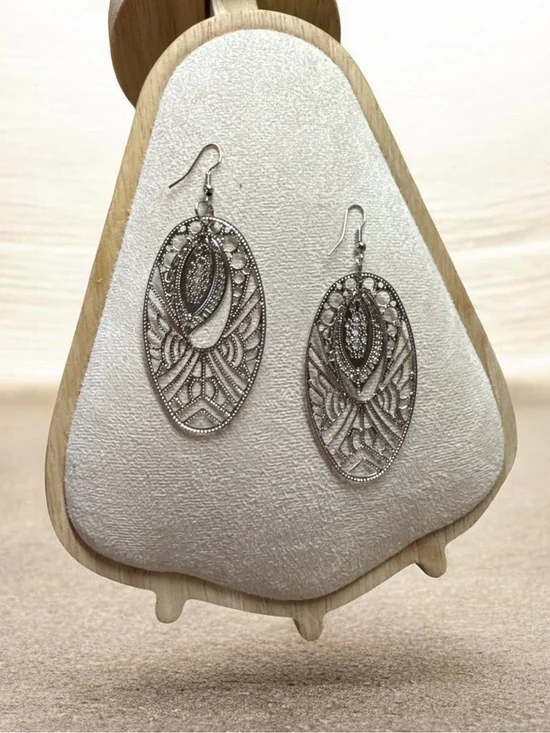 Oval Filigree Drop Earrings in Silver-Tone