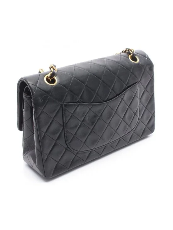 Chanel Shoulder Bag Quilted Double Flap Black Lambskin Chain