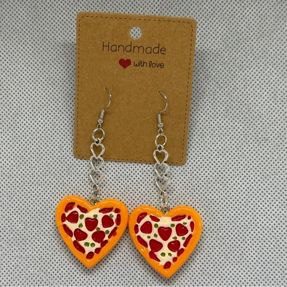 Handmade Triple Heart Dangle Heart Shaped Pizza Earrings