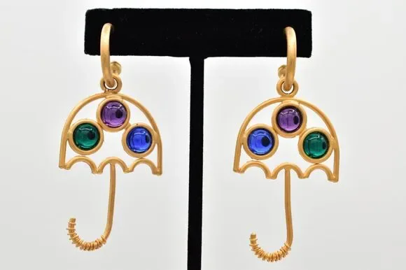 Vintage Cabochon Umbrella Dangle Earrings Brushed Gold Matte NOS 1980s BinBK