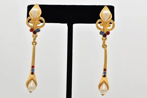 Vintage Pearl Crystal Dangle Earrings Drop Brushed Gold Matte NOS 1980s BinBK