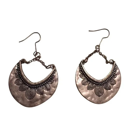 Boho Copper Hammered Crescent Drop Earrings Embossed Floral‎ Dangle Western