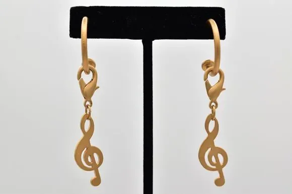 Vintage Treble Clef Earrings Dangle Brushed Gold Music Note Chunky NOS 80s BinBK
