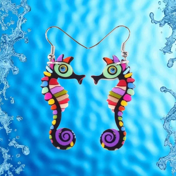 Cute Colorful Seahorse Design Dangle Earrings Bohemian Ocean Style‎ Acrylic