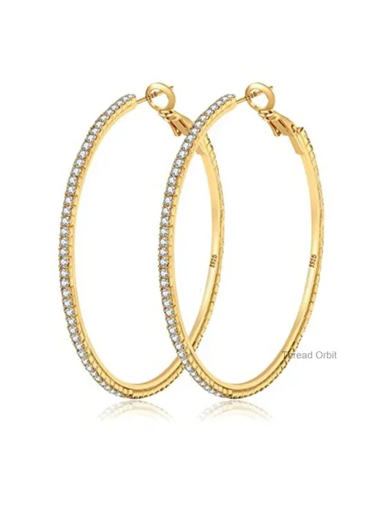 925 Sterling Silver Large Rhinestone Hoop Earrings Cubic Zirconia Sparkly Hoops