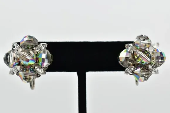 Vintage Clip On Crystal Earrings Watermelon Aurora Borealis Chrome 1950s BinBK