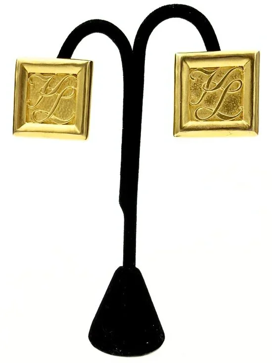 Karl Lagerfeld Runway Couture Textured Square Gold Plated Monogram Clip Earrings