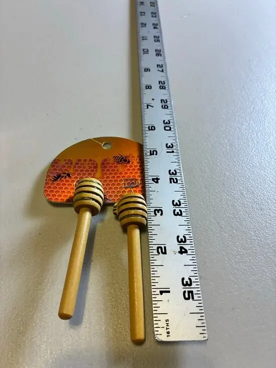 Bee Honey Dipper Dangle Earrings Wooden Honeycomb Beehive Cottagecore Farmhouse