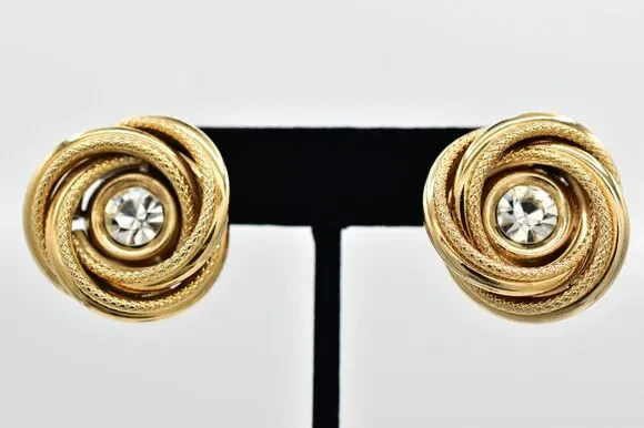 Vintage Crystal Clip On Earrings Round Rhinestone Gold Tone Chunky 1980s BinBK