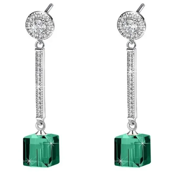 .925 Sterling Silver with Emerald Austrian Green Crystal Dangling Cube Earrings