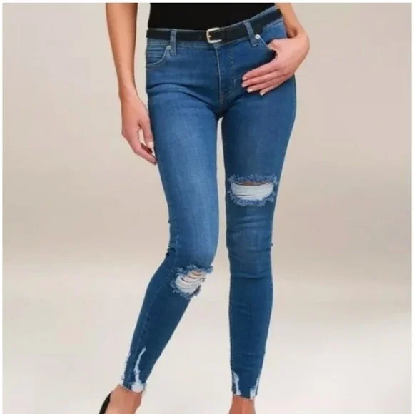 Free People‎ Jeans Womens 24 Skinny Raw Hem Ripped Boho Shark bite Indie Sleaze