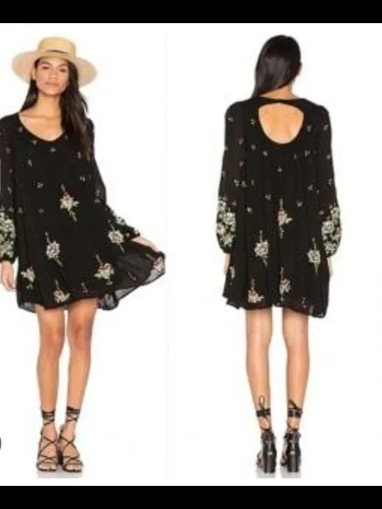 Free People Black Boho Floral  Open Back Mini Dress with Embroidered Details