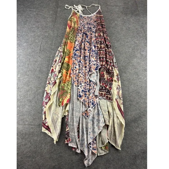 Free People Patchwork Asymmetrical Maxi Dress - Cream, Pink, Orange, Green, Blue