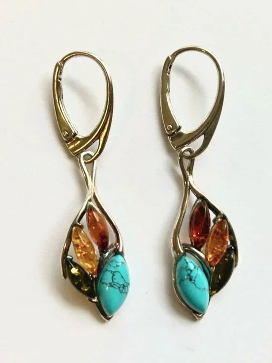 Turquoise and Amber Teardrop Dangle Earrings - Silver Tone