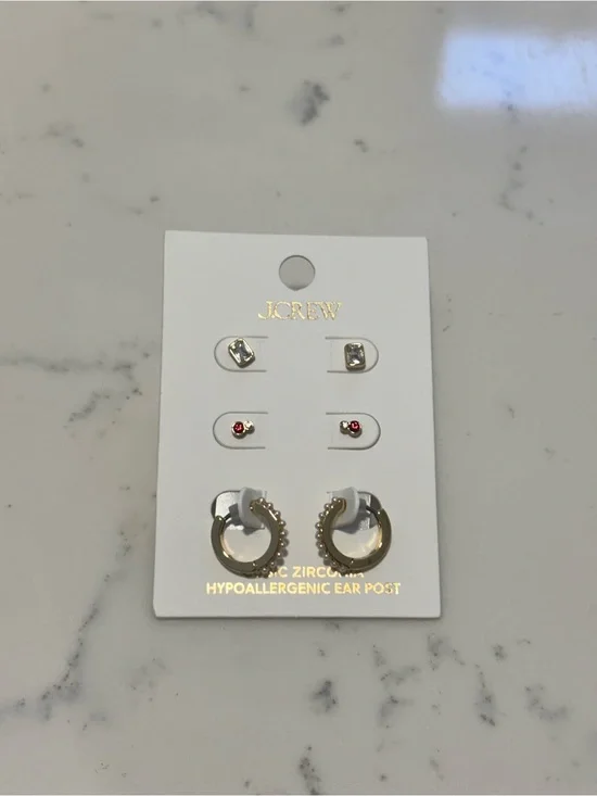 J. Crew Gold Hoop and Multi-Stud Earring Set (Clear & Red Stones)
