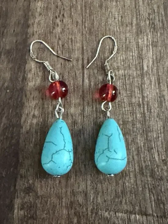 Faux Turquoise Dangle Pierced Earrings w/.925 SS Hooks 1 3/4