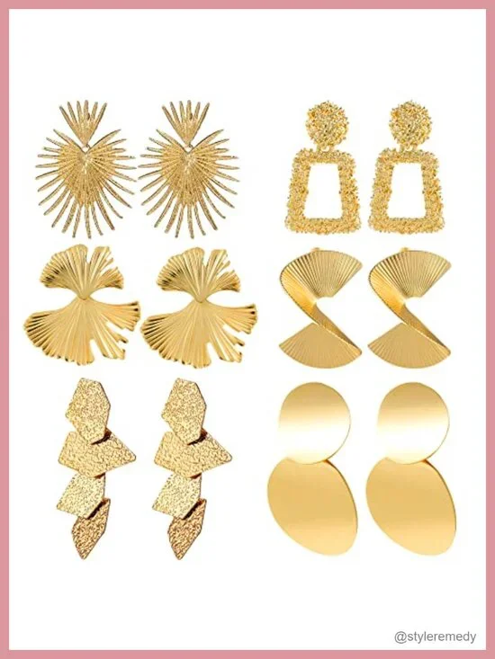 6 Pairs Geometric Dangle Earrings Set - Hypoallergenic Gold Plated