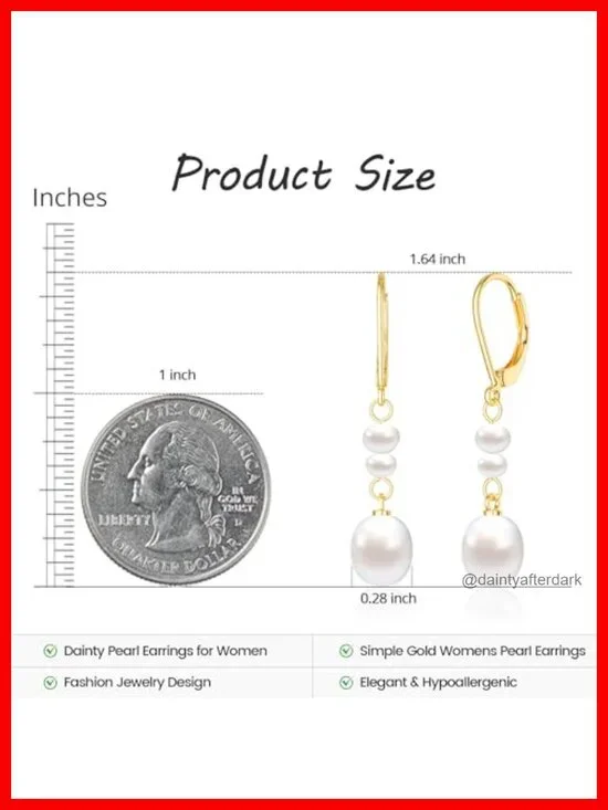 14K Gold Plated Dangle Pearl Drop Earrings Non Tarnish Waterproof