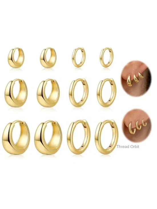 6 Pairs Gold Plated Huggie Hoop Earrings Set, Hypoallergenic Cartilage Hoops,
