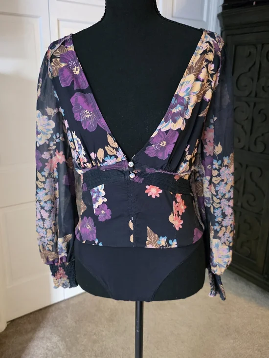 Free People NWT Floral Sheer Sleeve Bodysuit XS Whimsigoth Boho Gothic Top