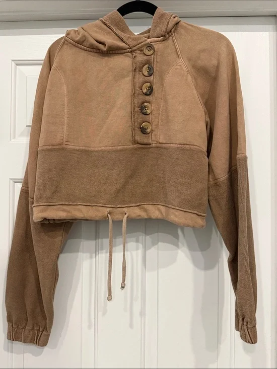 Free People Cropped Hooded Button Pullover in Tan
