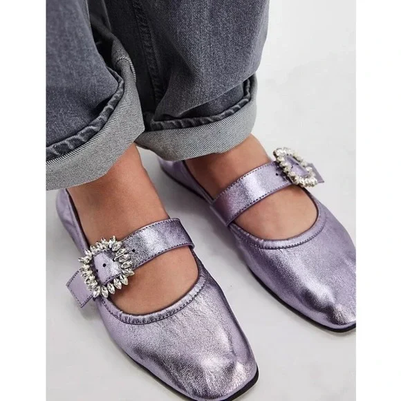 Free People Ballet Flats Ursa‎ Gemini Mary Jane Metallic Lavender Purple 10