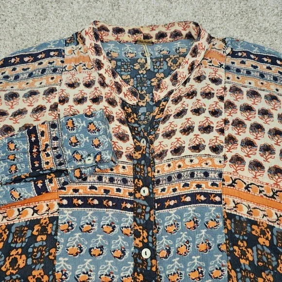 Free People Women's Small Petite Boho Floral Print Button‎ Down Shirt Top Blouse