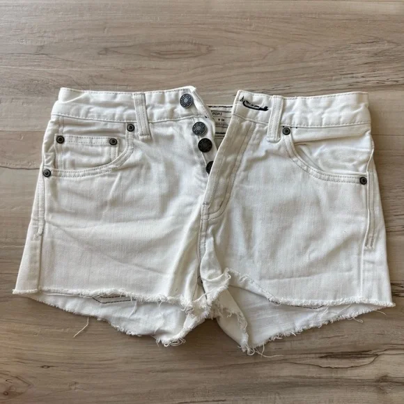 Free People White Denim Shorts Fray Hem Button Fly Cotton