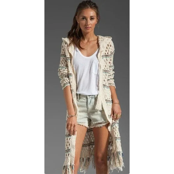 Free People Sunblock Cardigan Boho Crochet Fringe Duster Ivory Blue Small