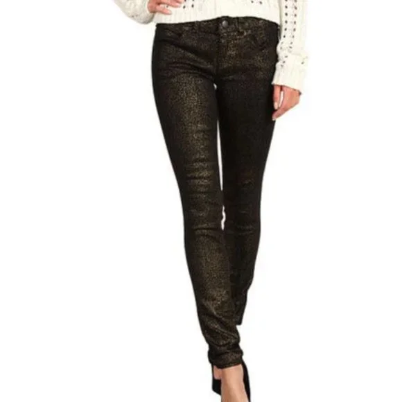 NWT $98 FREE PEOPLE Gold Black Metallic Leopard Skinny 26