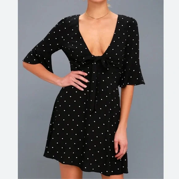 Free People Black Polka Dot Tie-Front Mini Dress