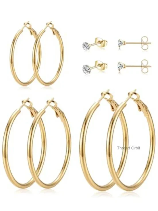 5 Pairs Gold Stud Hoop Earrings Set Hypoallergenic 14K Gold Plated for