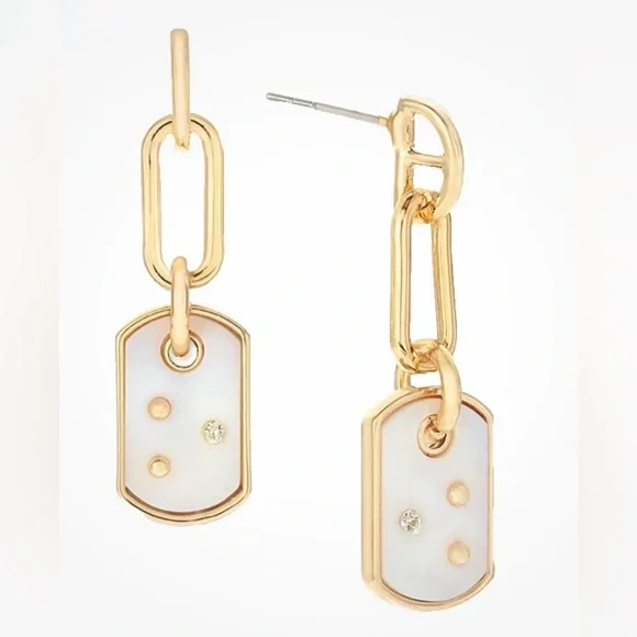 NWT On 34th Gold-Tone Link & Pavé Constellation Stone Dog Tag Drop Earrings
