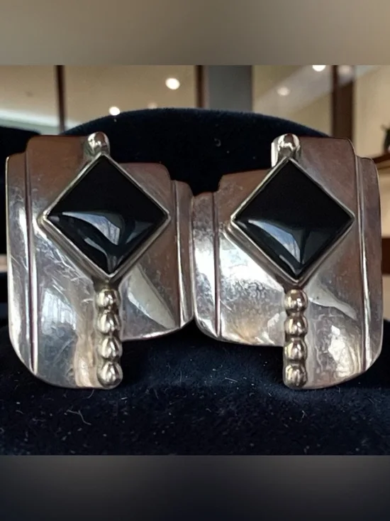 Modernist Sterling Silver Black Onyx Geometric Earrings Bold Statement
