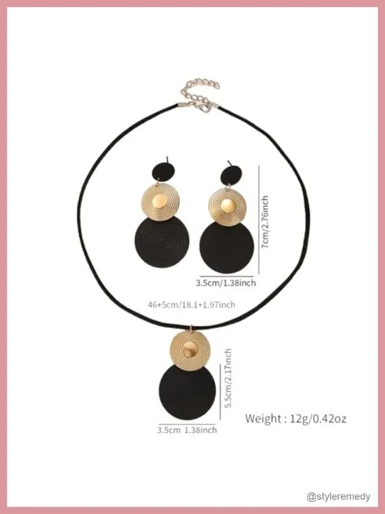 Gold Ethnic Style Round Geometric Dangle Earrings & Necklace Jewelry Set