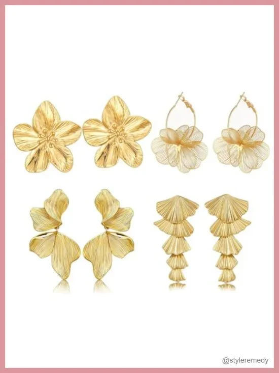 Chunky Gold Plated Flower Leaf Hoop Dangle Earring Set 4 Pair