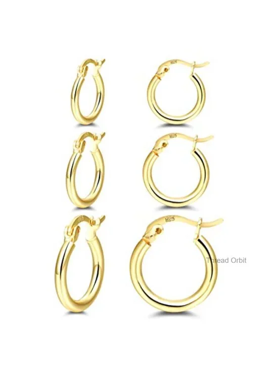 3 Pairs Small Gold Hoop Earrings Set, 13-20mm, Sterling Silver Post, 14K Gold